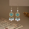 Detail of Chinese style earring featuring butterfly pearls and green enamel on vintage book - Gold Cyan Lotus Pearl Sky Blue Tassel Style (E6406)