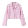 Dames driedelig roze gestreept pak met shirt met lange mouwen en kanten details - XS / Shirt Top / Roze Wit Gestreept