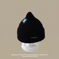 Kids black ribbed knit warm hat with blue UO label and protective ear covers - U0 Single Cap Black (2 Months - 2 Years)