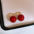 French style 14K gold plated red round pearl hoop earrings on beige velvet tray - Red Hoop Buckle