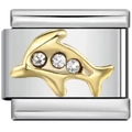 Silver modular bracelet link featuring a golden dolphin motif with sparkly rhinestones - 0492-dolphin With Diamond