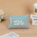 Light green striped canvas makeup bag with beige handle and but first makeup print - Dotted Letters / Green