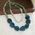 Detail of double-layer beaded necklace featuring green natural stones and blue resin beads - Green Irregular Double Layer Style (Necklace-Green)