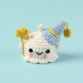Handmade crochet white ghost doll with a blue striped hat and yellow star wand charm - Blue Hat Ghost Doll