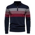 Jersey de punto para hombre con media cremallera y rayas en azul marino, gris y burdeos - S / Azul marino