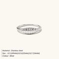 Macro view of silver croissant ring with size chart and stainless steel specifications - US5 / Silver Ribbed Croissant Ring / Silver