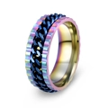 Rainbow stainless steel spinner ring featuring a rotatable blue cuban link chain inlay - Rainbow Ring + Blue Chain