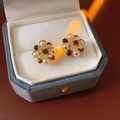 Macro view of flower stud earrings with tiger eye and pearls on a blue velvet jewelry box - 1# Silver Earring Post - Gold & Coffee (Real Gold Plated)