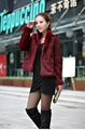 Detail of red faux fur coat with thick glossy texture and elegant lapel collar design - S / Burgundy