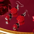 Elegantes pendientes de rosa roja con cuentas negras y detalles plateados brillantes - 2# Gancho para la oreja - Rosa roja