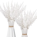 Artificial white eucalyptus leaves set in two geometric white ceramic vases with twine - White