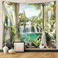 Detail of a large fantasy landscape tapestry with castle and waterfall in home setting - Fantasy Mountain Waterfall Castle (GT109917)