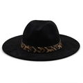 Classic black wide brim fedora hat with leopard print band and gold stud accent - M (56-58cm) / Black