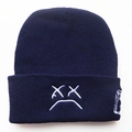 Navy blue Lil Peep sad face embroidery knitted beanie hat with white stitch pattern - Navy Blue