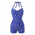 Vintage navy blue polka dot one-piece swimsuit with halter neck and flattering boyleg cut - S / Blue Polka Dot