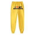 Bright yellow sweatpants featuring I Heart My Boyfriend print with elasticated drawstring waist - S / Yellow (Boyfriend)