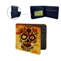 Modische Herren-Bifold-Geldbörse aus PU-Leder mit orangefarbenem Flammen- und Totenkopf-Print - Zuckerschädel (ZDQB-034)