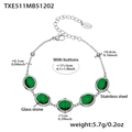 Silver stainless steel bracelet with green oval glass stones in 18k gold plating - Steel Bracelet - Green Glass Stone
