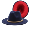 Detail of wool fedora hat with wide brim, red lining, and brown leather strap buckle - Navy Blue and Red