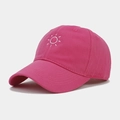 Close-up of pink baseball cap with white sun embroidery and fine cotton twill texture - Adjustable / Rose Red