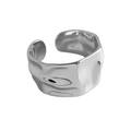 Irregular textured silver open ring with wide wavy surface and metallic finish - Adjustable Open / White Gold