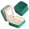 Portable emerald green velvet jewelry box with zipper, mirror and ring slots - Zipper Style / Velvet Green