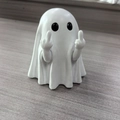 Funny white ghost figurine making a middle finger gesture on a wooden surface - Middle Finger Ghost