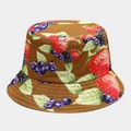 Detail of a brown reversible bucket hat with strawberry and blueberry fruit patterns - Brown Base Fruit Print (24# Color)