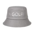 Detailed close-up of white GOLF embroidery on a grey cotton twill bucket hat - Gray