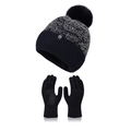 Set invernale con berretto in maglia grigio-nero, pompon in pelliccia e guanti touch - Nero