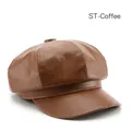 Classic coffee brown PU leather octagonal newsboy cap for women with textured finish - Brown