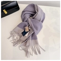 Thick wool blend fringe scarf featuring a dual-tone purple and grey contrast design - G0303 Purple