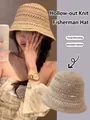 Hollow knit straw bucket hat in cream white featuring handmade crochet design - Hollow Out / Khaki