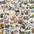 Watercolor animal stickers set featuring lions, pandas, and giraffes with white borders - Wild Animals (OPQ186) / 50 Sheets