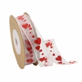White organza ribbon with red flocked hearts on brown paper spool for gift wrapping - Style 7-White Chiffon Red Flocked Heart-15mmx10m