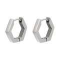 Detailed macro view of silver hexagonal earrings with a brushed stainless steel finish - Hexagon / Silver