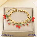 Gold stainless steel bracelet with red cherry and strawberry zircon charms, 170mm length - Sweet Cherry Strawberry Style (KB203065-Z)