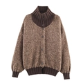 Vintage-Strickjacke in Braun mit Rollkragen, Farblock-Design und schwarzen Knöpfen - S / Kaffeebraun