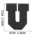 Detailed view of black chenille letter U patch with precise 7x6cm size measurements - Letter U / Black