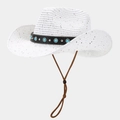 White straw cowboy beach hat with turquoise beads and black leather trim for women - M(56-58cm) / White