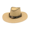 Straw western cowboy hat with lion metal emblem and wide brim for sun protection - Beige (Lion Head Metal Buckle)