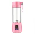 Pink portable electric juicer cup with stainless steel blades and carrying strap - Red