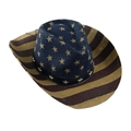 Détail du chapeau de cowboy en paille avec motif drapeau américain et rivets métalliques - Taille Unique (58cm) / Étoiles Bleu Jaune Rayures Marron Jaune Patchwork