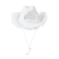 White western cowboy hat with crown tiara and fluffy feather trim for party decor - White Feather / Adult Size (58cm)
