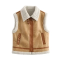 Gilet da donna in ecopelle color cammello con rifiniture in shearling e zip frontale - S / Cachi