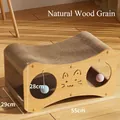 Double-layer wooden cat scratcher house with catnip balls and replaceable corrugated pad - Small (45x24x22cm) / Natural Wood Color