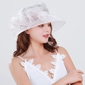 Elegant white organza sun hat for women featuring large floral decoration and wide brim - Light Khaki