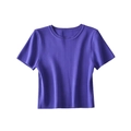 Detail showing the fine ribbed texture and crew neck of this purple knit short sleeve top - S / Purple