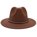 Detail of dark brown wool fedora hat featuring a braided leather band and teardrop crown - L(58-60cm) / Braided Rope Decor / Coffee