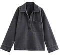 Dettaglio camicia di jeans grigio scuro lavato con scollo a V e taschino frontale - XS / Top Nero